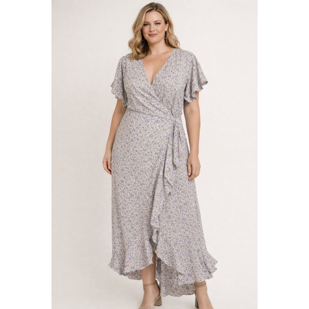 Bluivy Cream Purple Ditsy Floral Wrap Maxi Dress Size L NWT Cottage Feminine‎